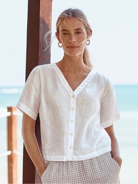 Garnet Hill White V-Neck Gabby Button Front Linen Top